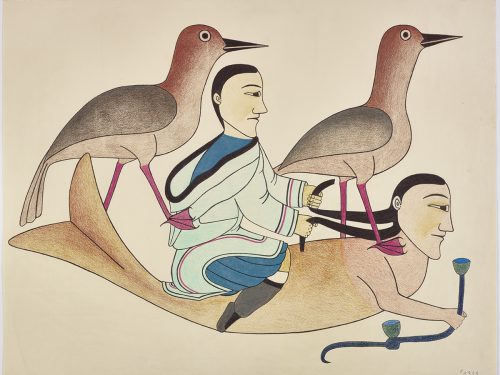 Surreal scene depicting a woman and two birds riding a mythical sea creature holding a pipe. Scene presented in a two-dimensional style and using orange