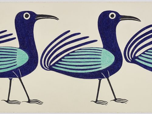 Scene depicting three identical stylized birds facing the right. Creature presented in a two-dimensional style and using Blue