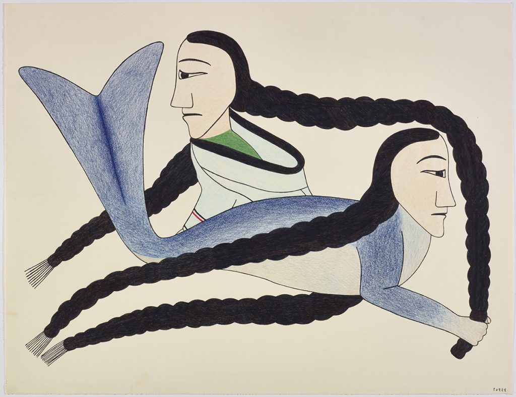 Imaginary scene depicting an Inuit woman with long braids wearing an amautik and a mythical sea creature with long braids as well. Figures presented in a two-dimensional style and using blue