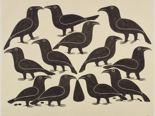 Composition symétrique représentant six oiseaux tournés vers la droite et huit oiseaux vers la gauche. Œuvre bidimensionnelle exécutée en noir et gris.