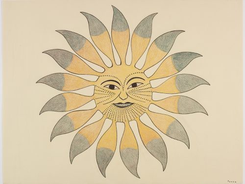 A stylized sun with large feather-like rays and a face with traditional Inuit tattoos. Presented in a two-dimensional style and using yellow and green.