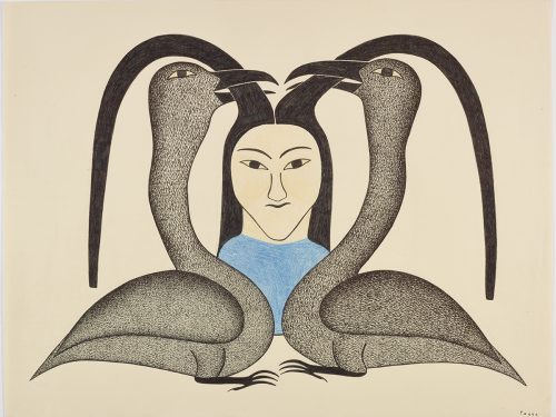 Symmetrical scene depicting two birds with a girl's long hair with their beaks. Presented in a two-dimensional style and using blue