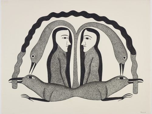 Symmetrical design depicting two women facing each other framed by two geese necks and two additional wingless birds facing opposite directions beneath them with a long wavy object in their mouths. Scene presented in a two-dimensional style and using grey.