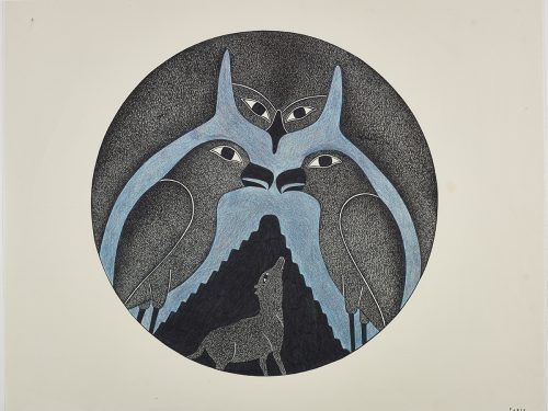 Symmetrical design inside a circular frame depicting an owl on top