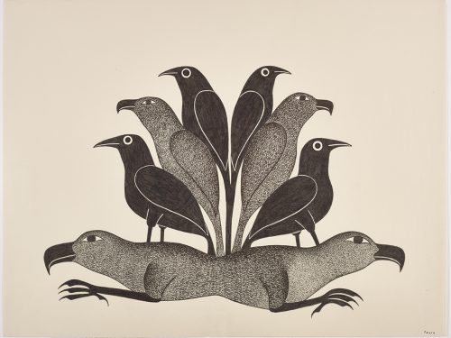 Symmetrical design depicting three pairs of birds on top of a two-headed wingless bird creature. Scene presented in a two-dimensional style and using black and grey .