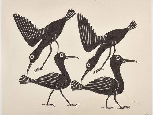 Scene depicting two birds standing facing the right and two other birds with their wings out and their heads facing down pose above them. Scene presented in a two-dimensional style and using black.
