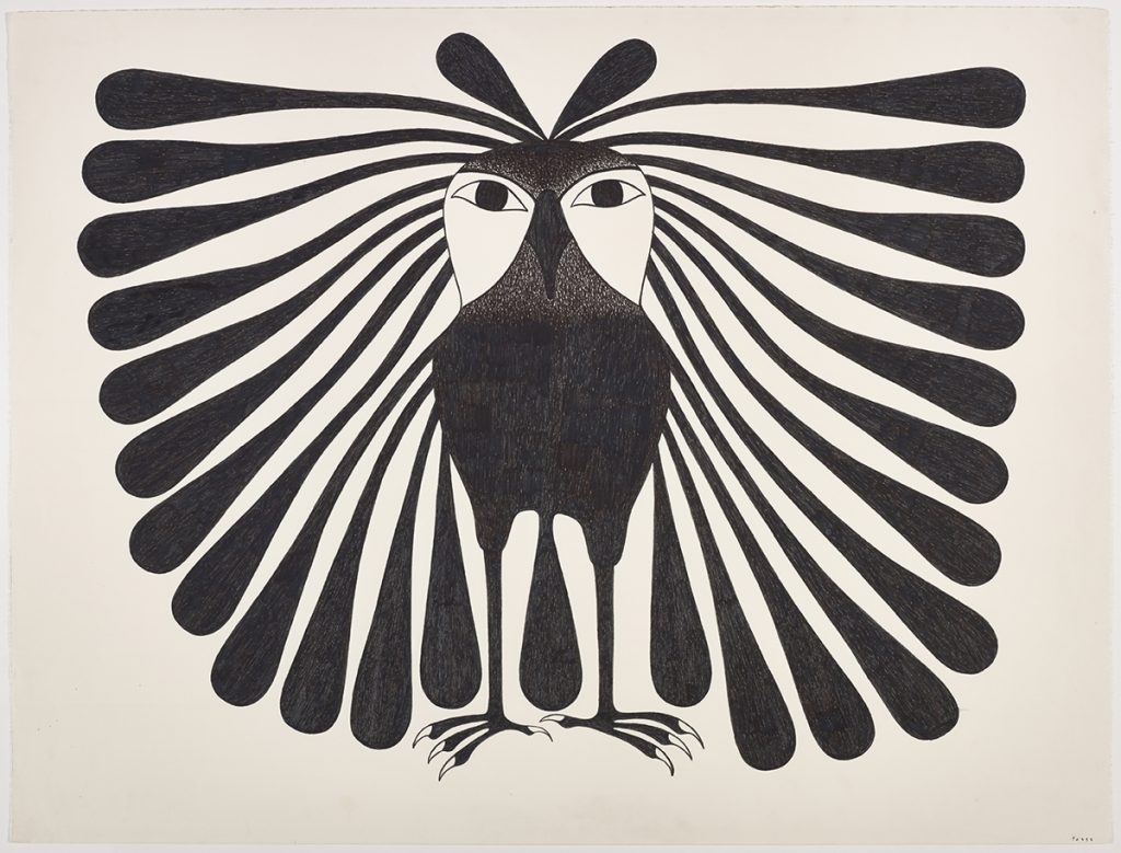 Design depicigng an owl with very long feathers. Scene presented in a two-dimensional style and using black