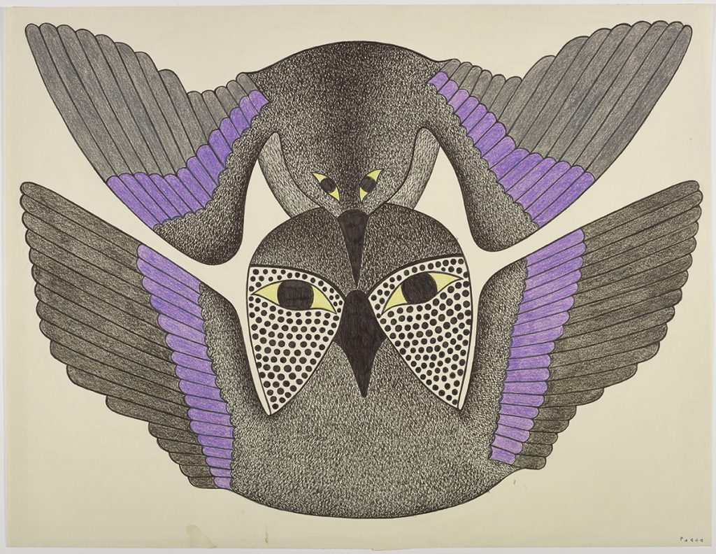 Design depicting a stylized bird and owl with their wings extended and facing forward. Scene presented in a two-dimensional style and using purple and black .