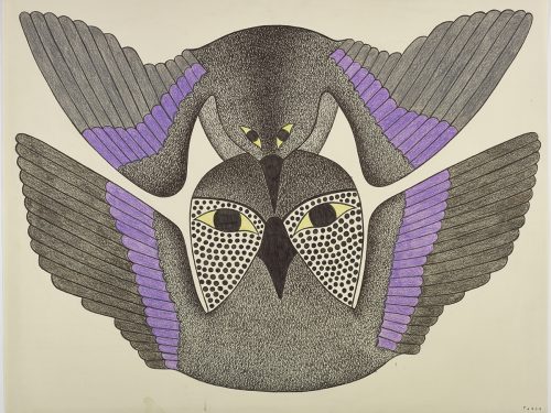 Design depicting a stylized bird and owl with their wings extended and facing forward. Scene presented in a two-dimensional style and using purple and black .