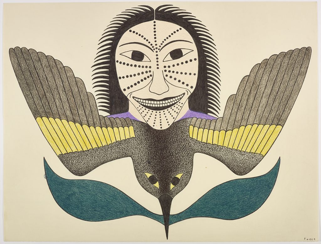 Bird with long wings and facing the down has a woman's face with traditional face tattoo and spikey hair as a tail. Scene presented in a two-dimensional style and using purple