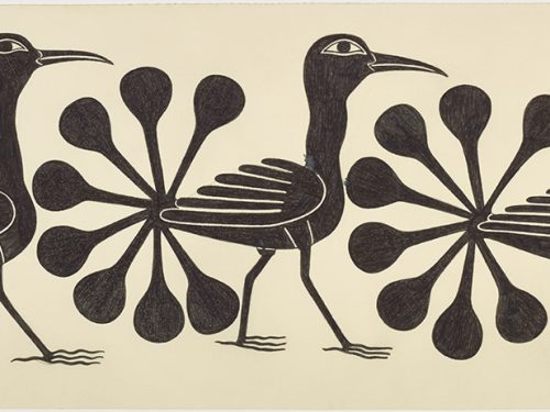 Three identical stylized birds with long tail feathers ending in circles all facing right. Scene presented in a two-dimensional style and using black.