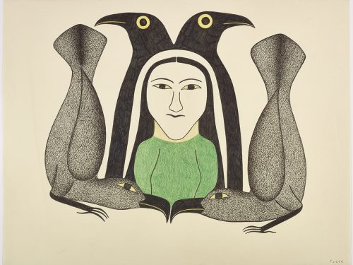 Symmetrical design depicting two birds surrounding a woman in the center with two birds crouching around them with their ftails in the air. Presented in a two-dimensional green