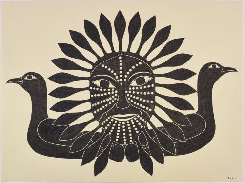 Symmetrical design depicting a face with multiple feathers and traditional tatoos in between two stylized birds looking in opposite directions. Presented in a two-dimensional style and using black.