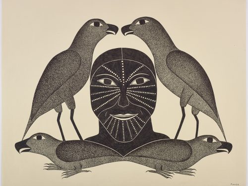 Symmetrical design depicting two short-legged birds facing away from each other with a human face displaying traditional tattoos with another pair of birds standing on either side. Presented in a two-dimensional style and using black and grey.