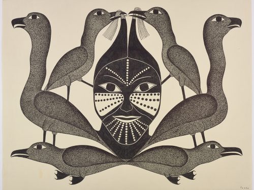Symmetrical design depicting three pairs of birds and a human face with traditional I Inuit tattoos in the middle. One pair of birds has some of the humans hair in their beaks. resented in a two-dimensional style and using black and grey.