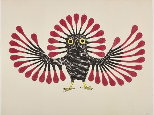 Symmetrical design depicting a stylized owl with a dooted pattern on its boddy and long fancy feathers on its wings and head. Presented in a two-dimensional style and using red