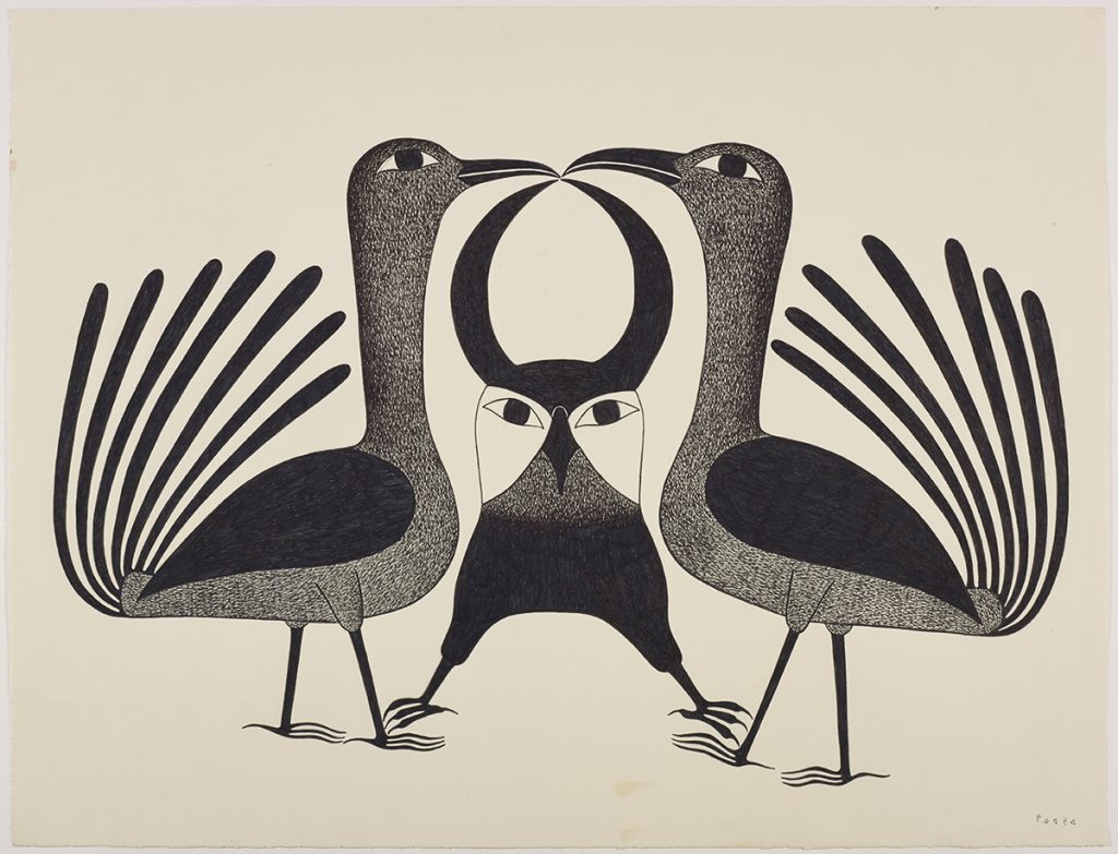 Symmetrical design depicting two birds on each side and an owl with horns on the middle. Scene presented in a two-dimensional style and using grey and black.