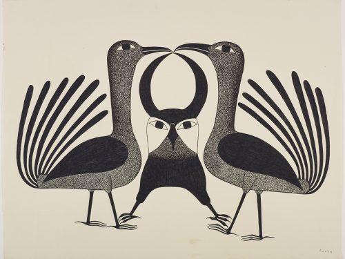 Symmetrical design depicting two birds on each side and an owl with horns on the middle. Scene presented in a two-dimensional style and using grey and black.