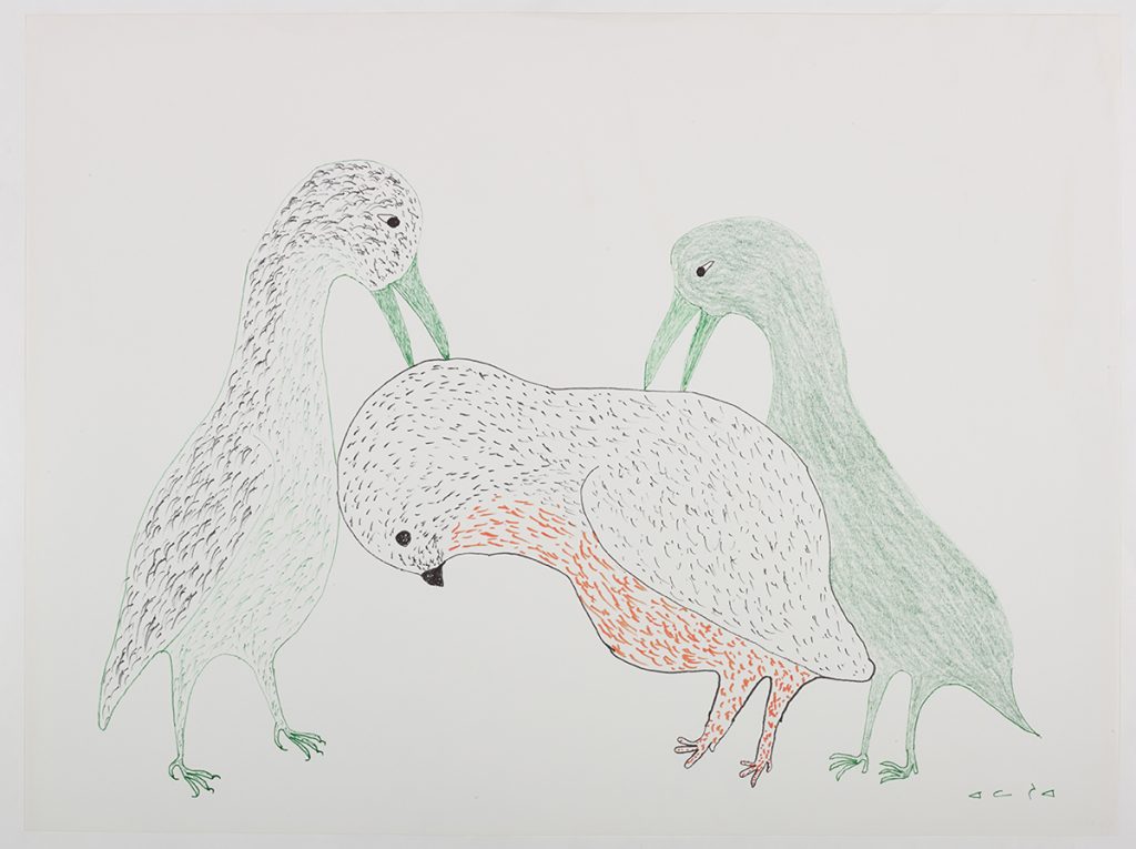 Deux oiseaux à long bec picotent la tête et le dos d'un autre oiseau à la tête et au corps arrondis qui se trouve entre les deux. Œuvre bidimensionnelle exécutée en vert, noir et orange.