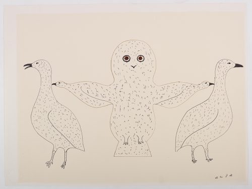 There is a large owl in the center of the picture with two birds as arms and they are outstretched and touching two other