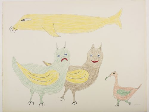 Dans le haut de la page, une grande créature ressemblant à une baleine; dans le bas, trois oiseaux dont deux aux faces d'apparence humaine. Œuvre bidimensionnelle exécutée en jaune, brun, rouge et vert.