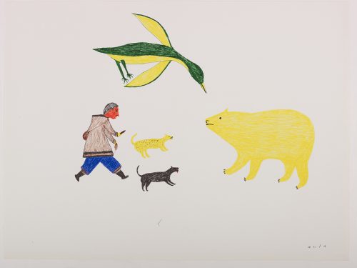 À gauche, un humain avec un couteau debout derrière deux petits chiens; à droite, un gros ours polaire leur fait face. Un gros survole la scène. Œuvre bidimensionnelle exécutée en jaune, vert, orange, brun et bleu.