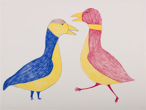 Deux gros oiseaux stylisés avec des dents et des couleurs différentes sur le dos et le ventre se font face. Œuvre bidimensionnelle exécutée en rouge, jaune, bleu et noir.