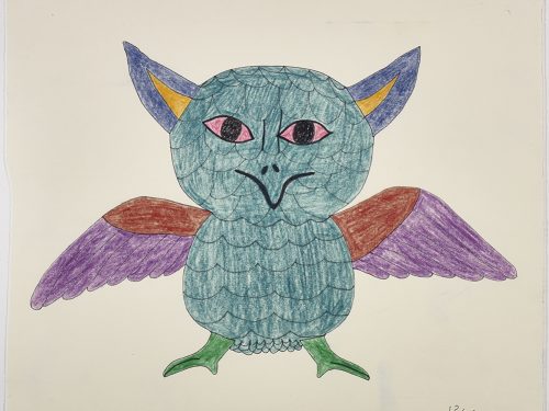 An imaginary owl-like creature with big ears with its wings out. Presented in a two-dimensional style and using blue
