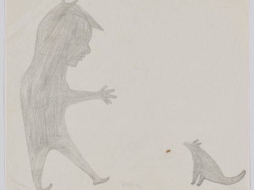 A human figure on the left facing a dog seated on the right. Presented in a two-dimensional style and using grey.