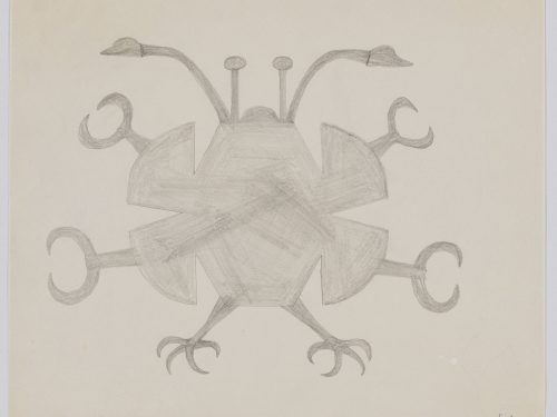 Symmetrical design of an abstract bird-like creature with six claws on each side. Presented in a two-dimensional style and using grey.