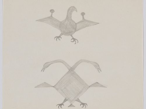 An abstract bird-like creature on the top and a two-headed geometrical bird on the bottom. Presented in a two-dimensional style and using grey.