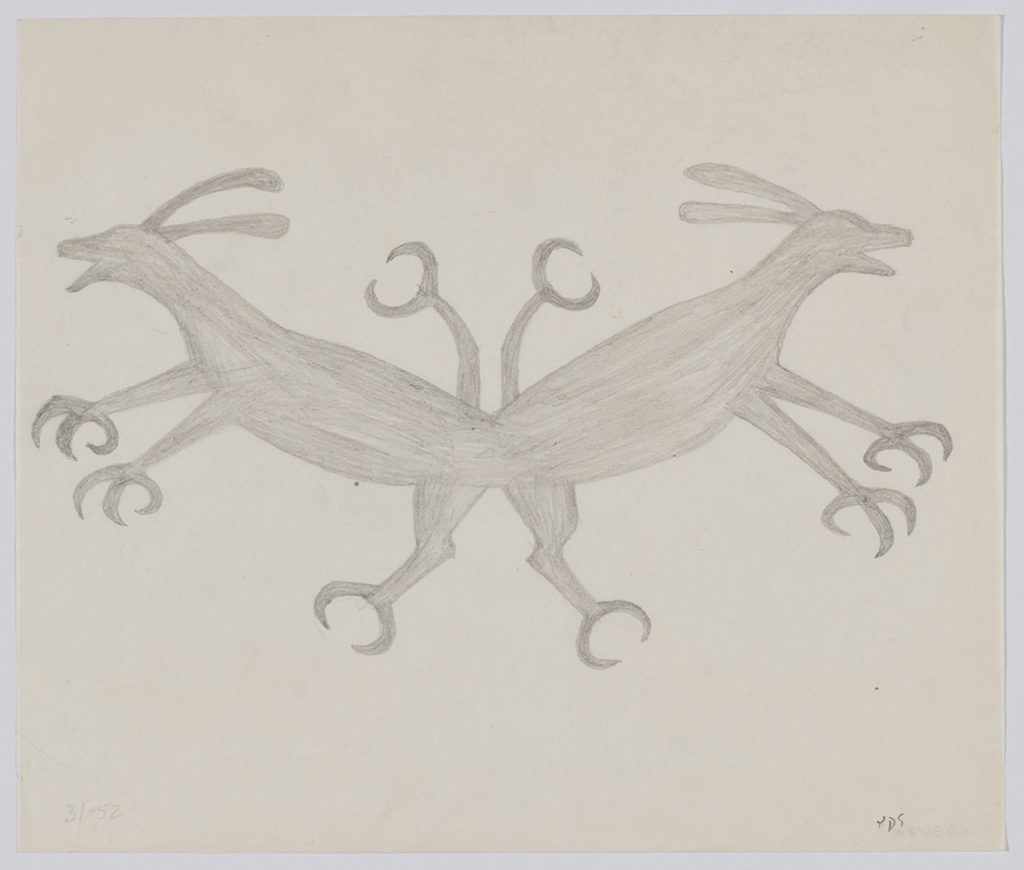 Two imaginary creatures with claws and long ears they are connected near their hind legs making a symmetrical image. Presented in a two-dimensional style and using grey.