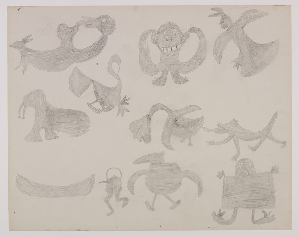 Ten imaginary creatures with various animal features. Presented in a two-dimensional style and using grey.