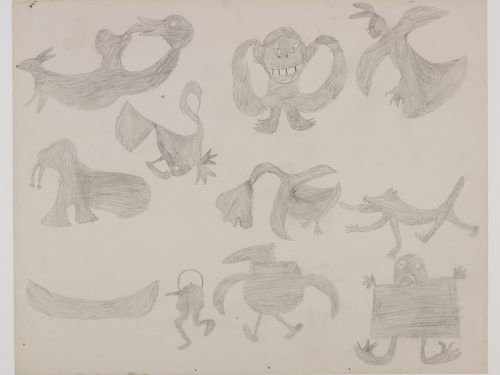 Ten imaginary creatures with various animal features. Presented in a two-dimensional style and using grey.