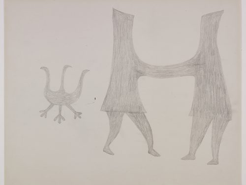 A symmetrical bird with three heads and three legs on the left side of the page and two human-like figures on the right side connected by their arms. Presented in a two-dimensional style and using grey.