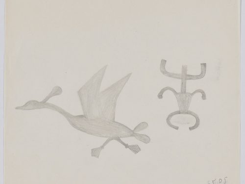 A goose figure about to fly next to a figure that has the rough shape of a human with horns. Presented in a two-dimensional style and using grey.