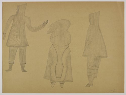 A stylized Inuk talking to a woman wearing an amauti and beside the woman is a Inuk man. Presented in a two-dimensional style and using grey.