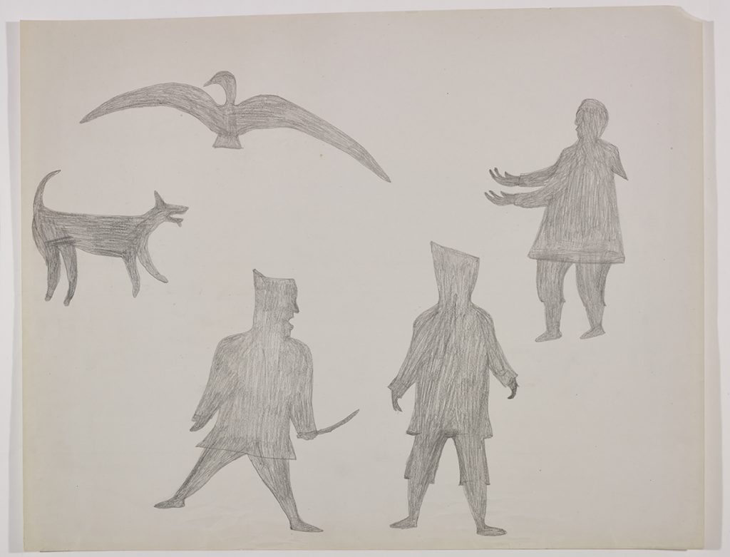 A bird with long wings and a dog in the upper left with three human figures below. One is holding a long