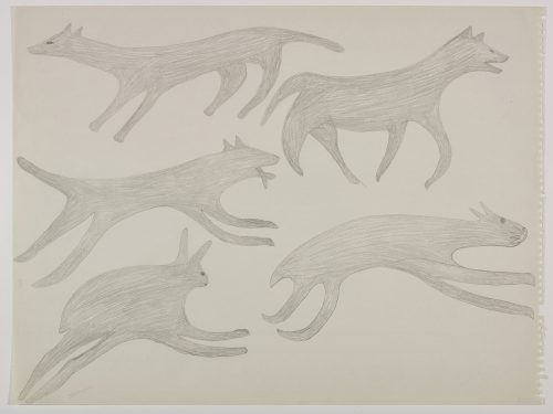 Three dog-like creatures above two hares. Presented in a two-dimensional style and using grey.