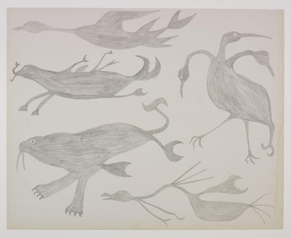 Three bird-like imaginary creatures and two imaginary sea creatures. Presented in a two-dimensional style and using grey.