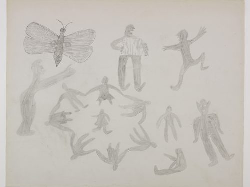 A human-like figure with an accordion standing above thirteen other human figures. Six of them are holding hands forming a circle around one human figure. A moth is in the upper left. Presented in a two-dimensional style and using grey.