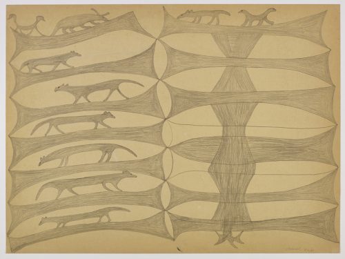 Repeating design of eight imaginary wolves on the left side and two wolf-like animals on the right separated by curved rectangles. Presented in a two-dimensional style and using grey.