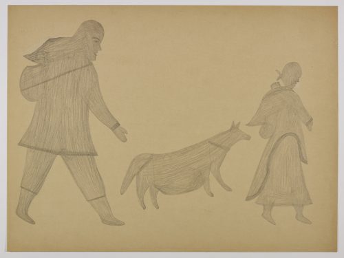 Two humans facing the right with a dog in between them. The human on the right is carrying a baby on her back. Presented in a two-dimensional style and using grey.