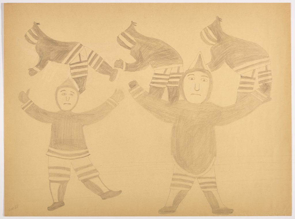 Two humans wearing traditional Inuit clothing with three smaller humans on their arms. Presented in a two-dimensional style and using grey.