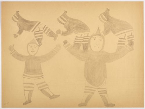 Two humans wearing traditional Inuit clothing with three smaller humans on their arms. Presented in a two-dimensional style and using grey.