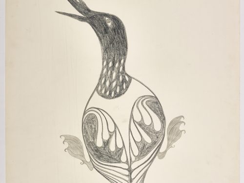 A loon with stylized body and an open beak