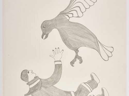 A human on his back at the bottom of the page reaching up toward a bird flying above him. Presented in a two-dimensional style and using grey.