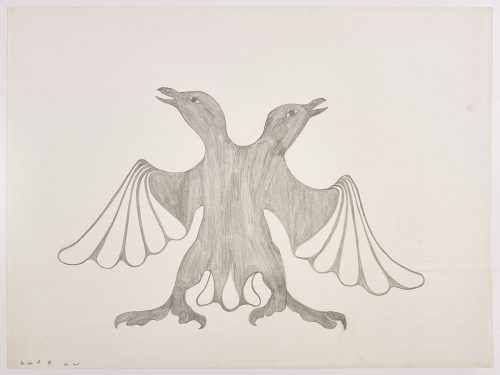 A two-headed bird with outstretched wings and sharp claws. Presented in a two-dimensional style and using grey.