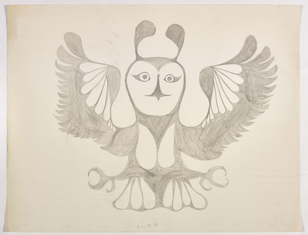 An owl with horns on its head and outstretched wings and feet. Presented in a two-dimensional style and using grey.
