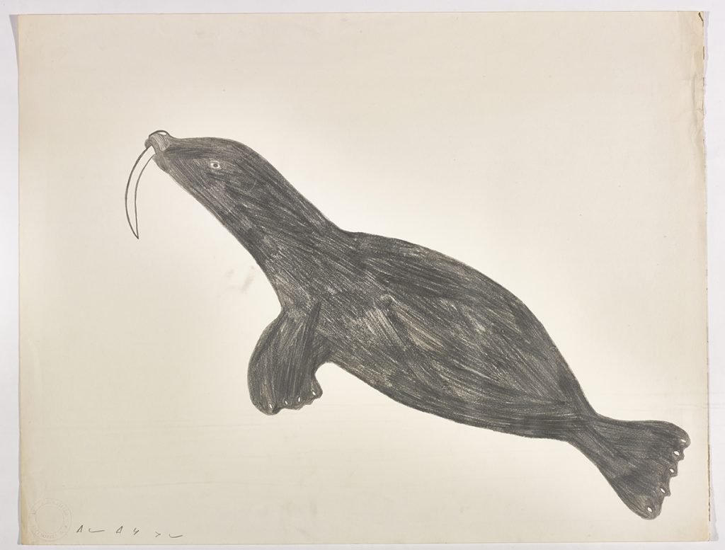 A walrus facing the upper left. Presented in a two-dimensional style and using grey.